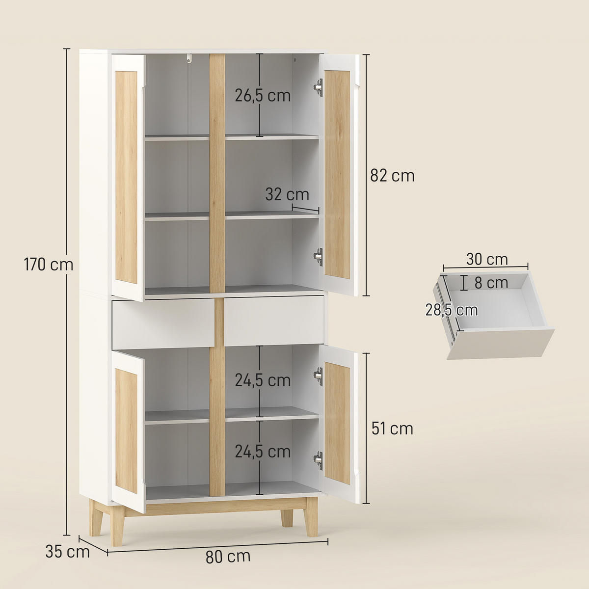 BUFFET DE-11225 4 Türen Weiß/Eiche - Weiß, Holzwerkstoff (35/170/80cm) - ComfortXL