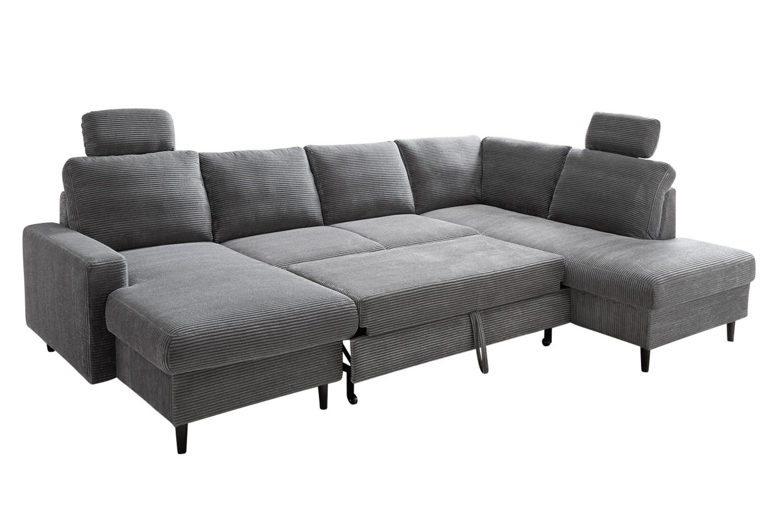 WOHNLANDSCHAFT mit Schlaffunktion Bettkasten Wellenunterfederung, 2 Kopfstützen, U-Form B305/T200/H88 cm, Cord Grau Anthrazit / 17206 - Schieferfarben/Anthrazit, Holz/Textil (305/88/200cm) - luma-home