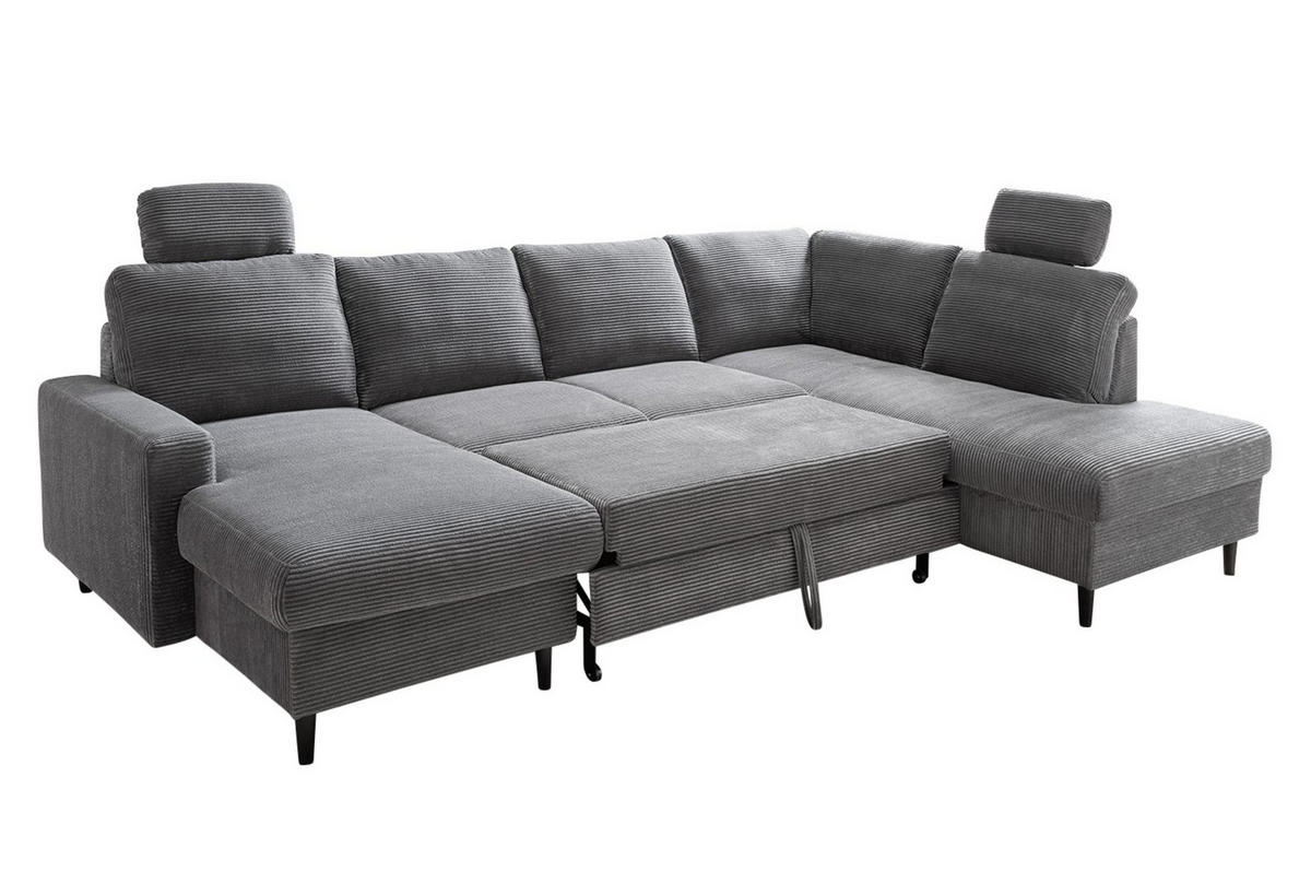 WOHNLANDSCHAFT mit Schlaffunktion Bettkasten Wellenunterfederung, 2 Kopfstützen, U-Form B305/T200/H88 cm, Cord Grau Anthrazit / 17206 - Schieferfarben/Anthrazit, Holz/Textil (305/88/200cm) - luma-home
