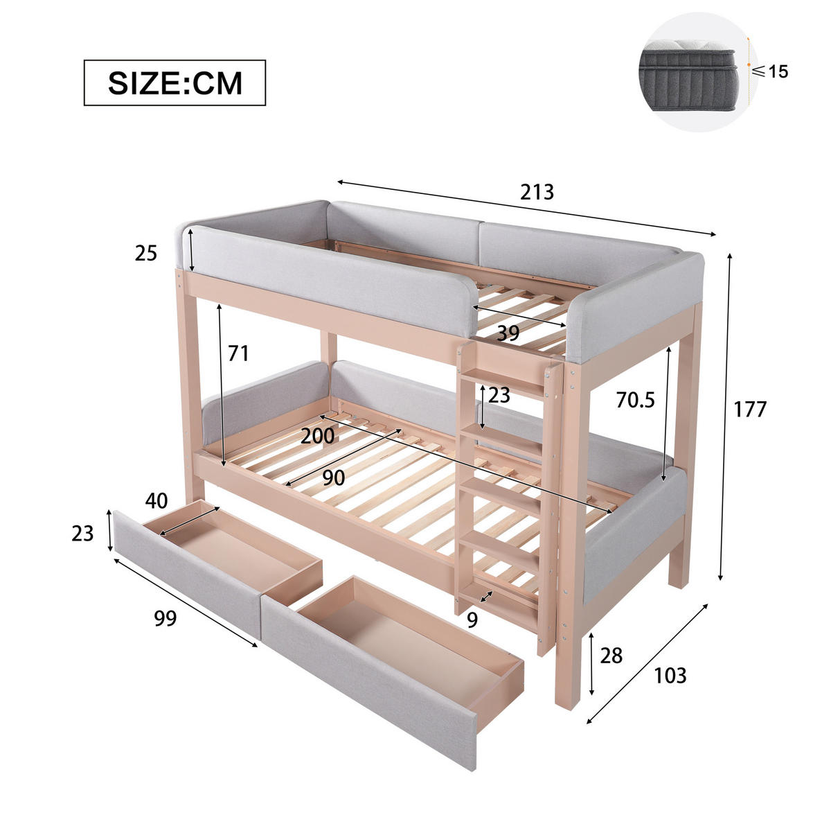ETAGENBETT 90/200 cm grau/natur aus Kautschukholz und MDF mit Treppe und 2 Schubladen - Grau, Holz (90/200cm) - OKWISH