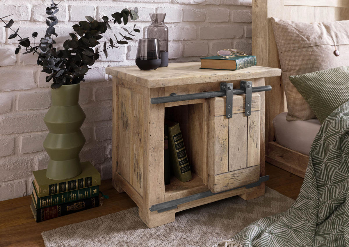 NACHTTISCH Mango 50x40x45 whitewash lackiert RAILWAY #3012 - Beige, Holz (50/45/40cm) - Massivmoebel24