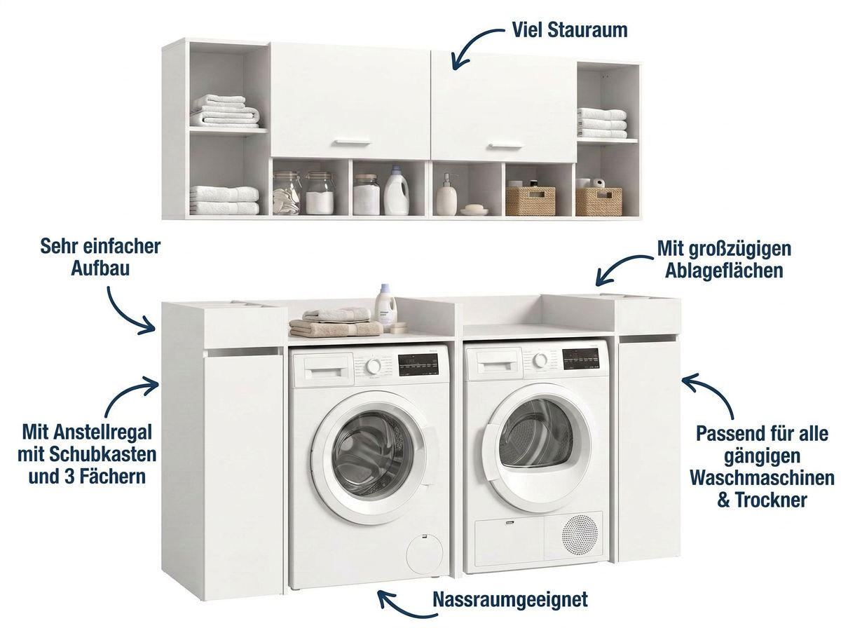 WASCHMASCHINENUMBAU 4tlg. Set Mixx Bad in weiß Nachbildung - modernes Design - B/H/T: 190x195x60 cm - Weiß, Holzwerkstoff (190/195/60cm) - Homes & Jones