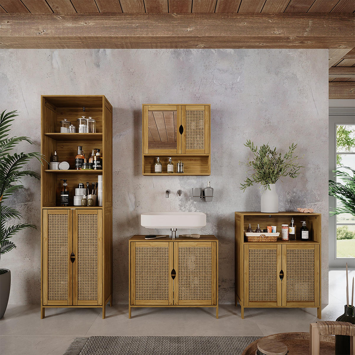 BADSPIEGELSCHRANK Liora Bambus 56 x 58 cm mit Spiegel - Grün, Holzwerkstoff (56/58/13cm) - Vicco