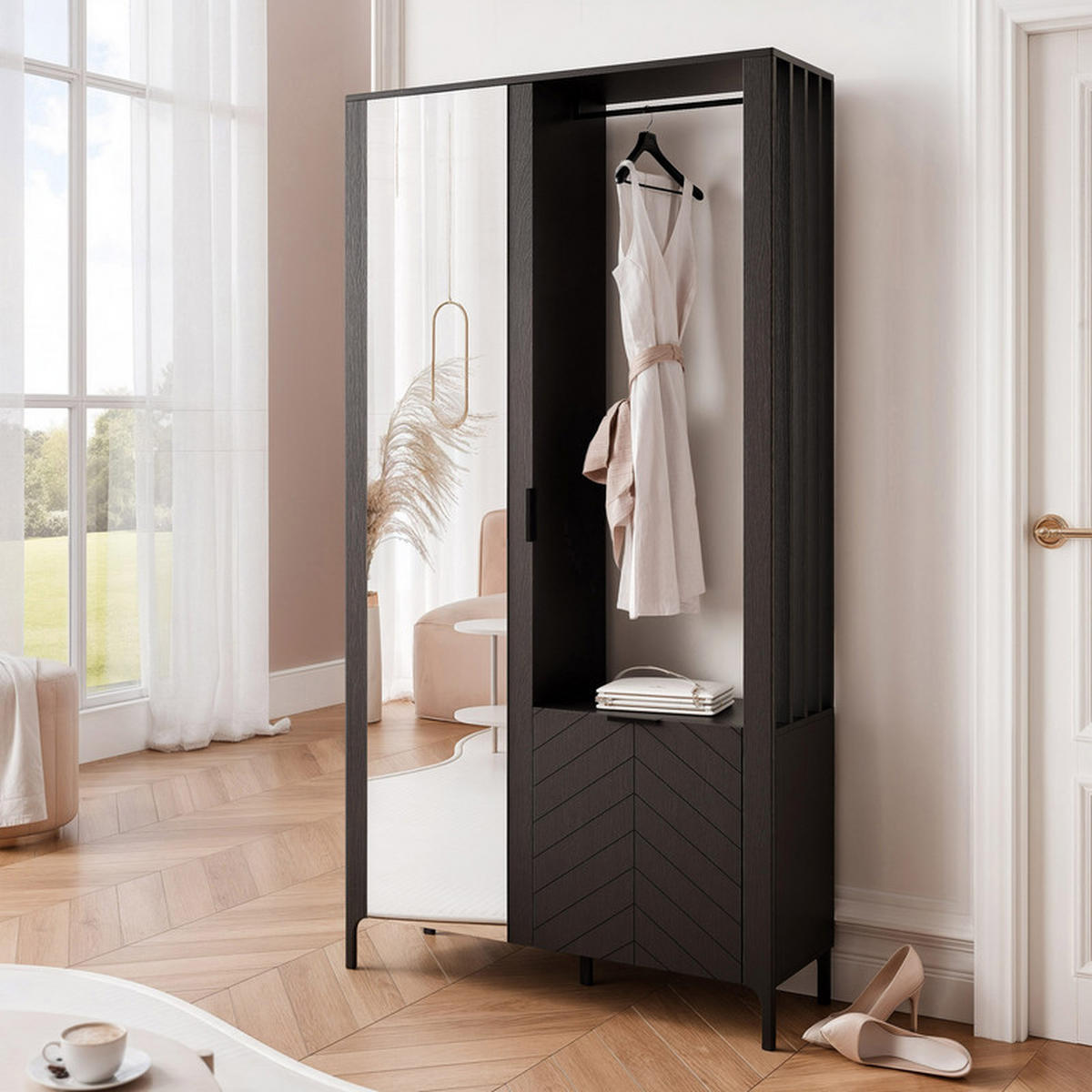 GARDEROBENSCHRANK LORIEN in 105/33/197 cm, Schwarz - Schwarz, Holzwerkstoff/Metall (105/197.1/33cm) - Idohome
