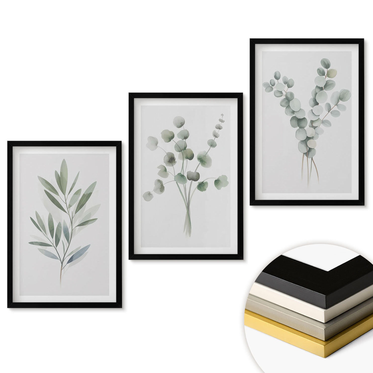 WANDBILDER 3er-Set - 40x60 cm Schwarzer Rahmen - Pflanzenmuster mit Grün - Schwarz, Kunststoff (40/60cm) - ArtPrintCave
