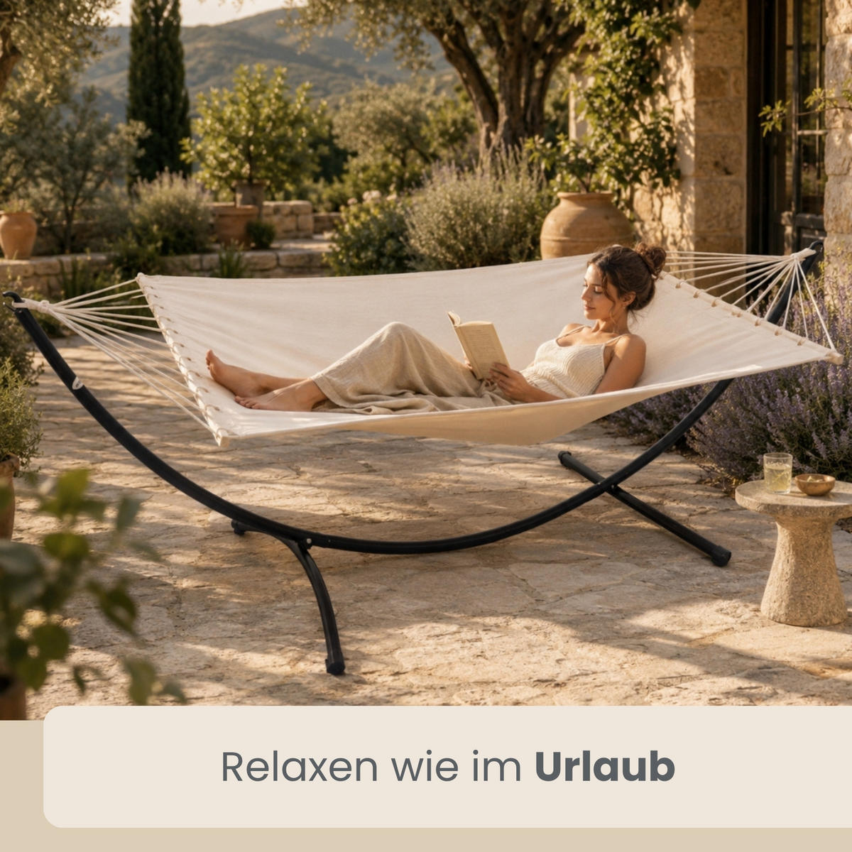 DOPPEL-HÄNGEMATTE mit Gestell bis 120kg, 200/120cm, Beige - Beige, Metall (100/90/300cm) - Amanka