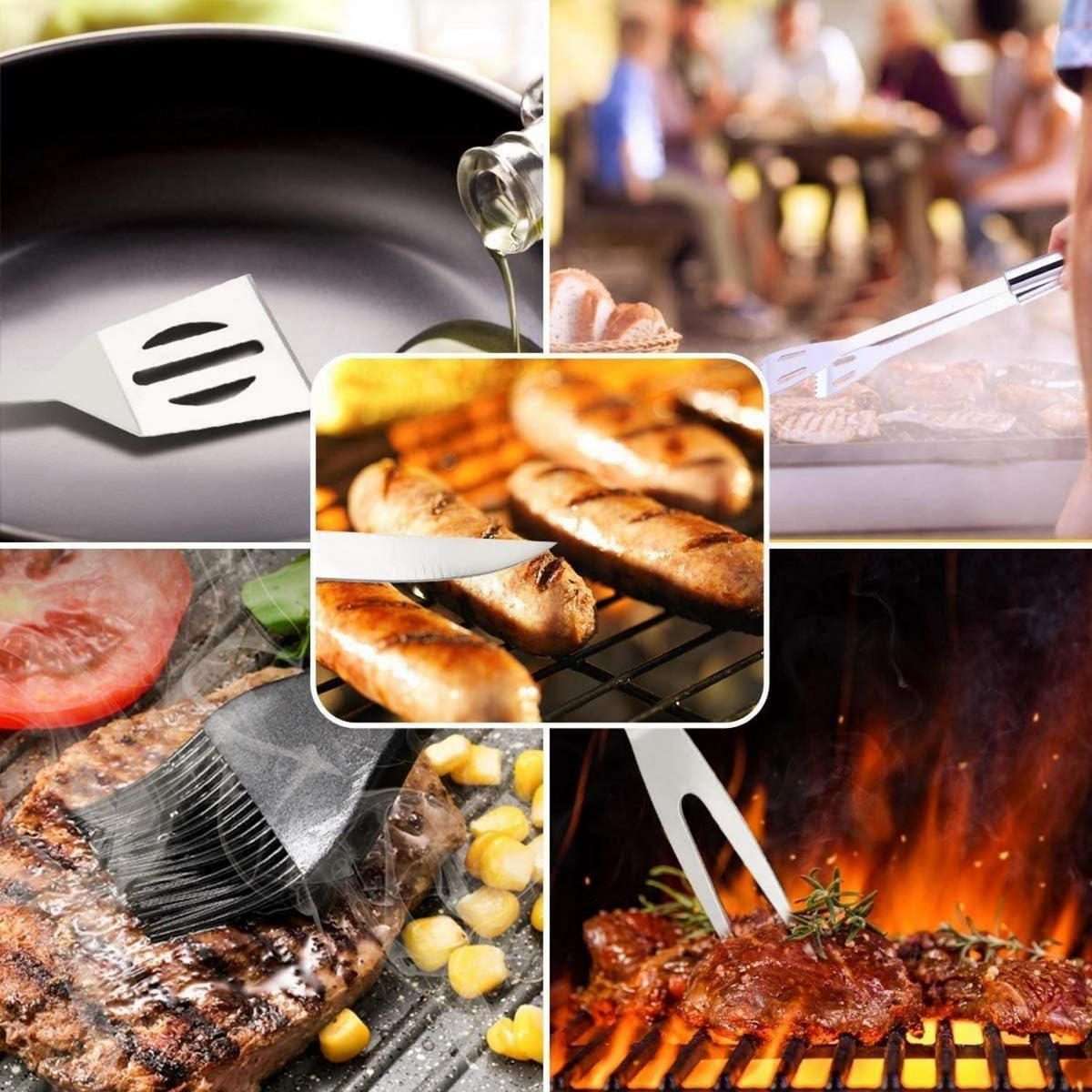 GRILLBESTECK-SET 9-teilig mit Grillhandschuhen Hitzebeständig bis 800°C Schwarz - Schwarz, Metall (38.5cm)