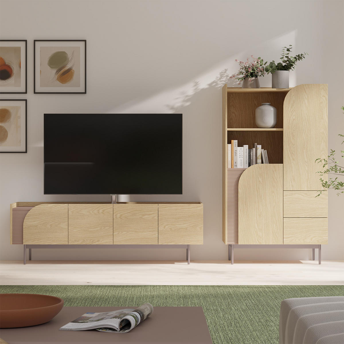 KNIHOVNA Camel se 2 dvířky a rýhovaným detailem, 60 cm, jarní dub + Toffee - barva dubu, kov/kompozitní dřevo (57/195/42cm) - Beautysofa
