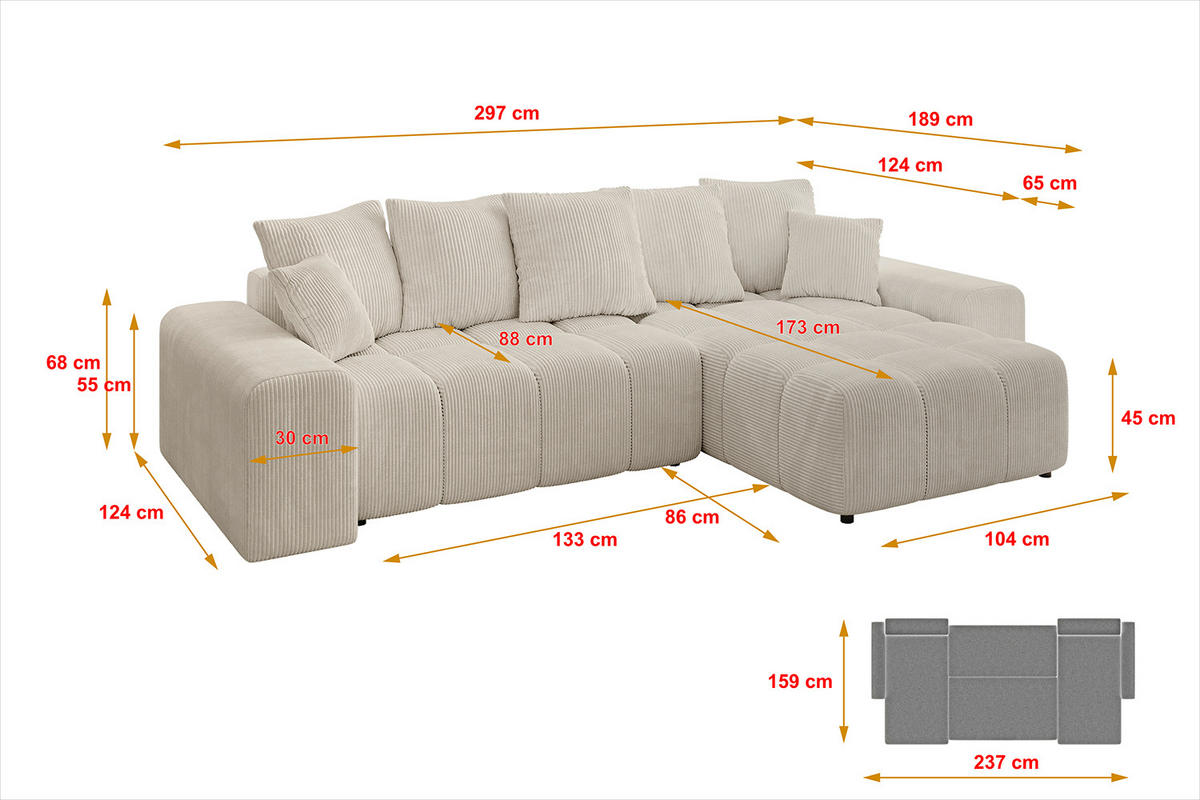 ECKSOFA Ottomane rechts ENIL-L 297x189x68 Beige Cord - Beige, Holzwerkstoff/Kunststoff (189/297cm) - ALTDECOR