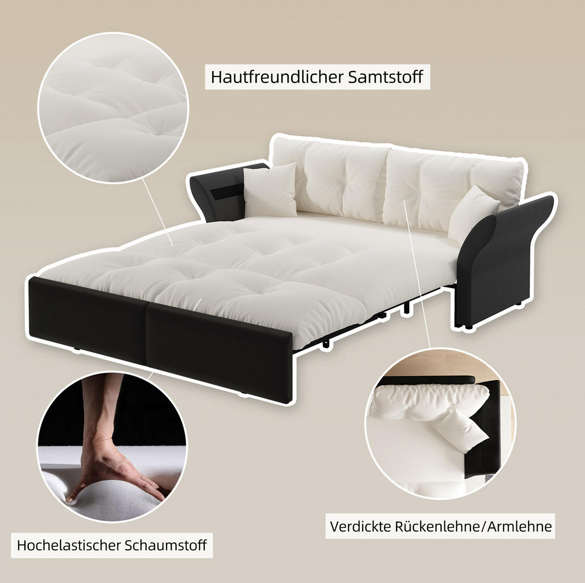 SCHLAFSOFA 190/85/91 cm, 3-in-1 ausziehbar mit Veloursbezug und 2 Kissen, Beige/Weiß - Beige, Textil (190/91/85cm) - Redom