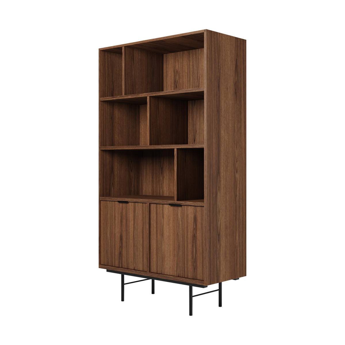 WOHNWAND Evron 2-teilig Bücherregal 90 cm + TV-Board 200 cm, Walnuss - Walnussfarben/Schwarz, Holzwerkstoff/Metall (200/185/35cm) - Beautysofa