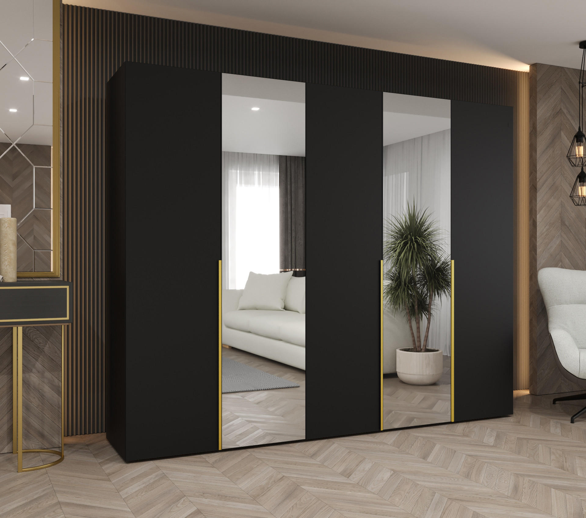 DREHTÜRENSCHRANK 202/250/52 5-türig - Goldfarben/Schwarz, Holz (250/202/52cm) - Abiks Möbel