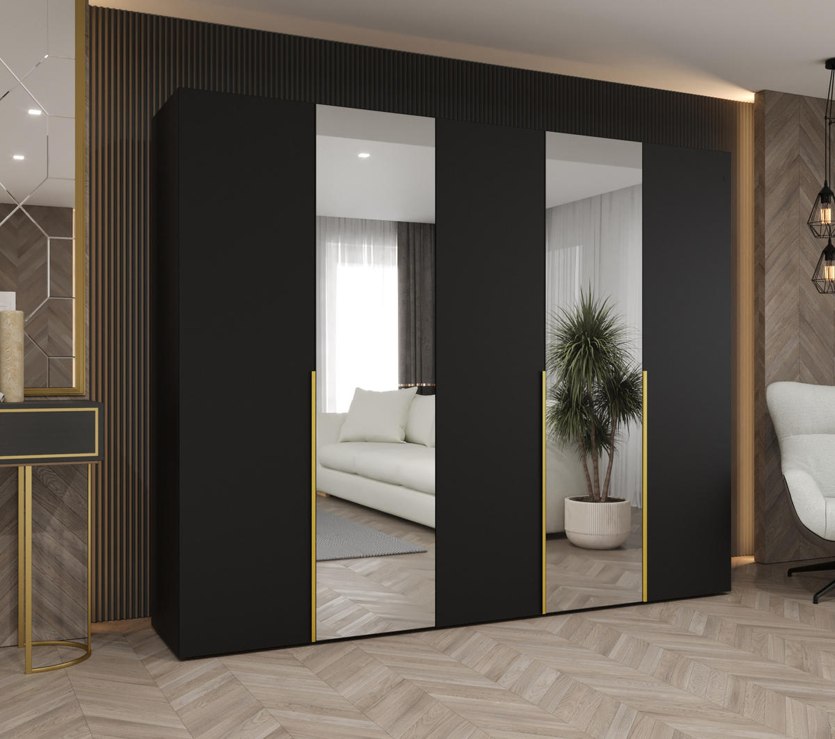 DREHTÜRENSCHRANK 202/250/52 5-türig - Goldfarben/Schwarz, Holz (250/202/52cm) - Abiks Möbel