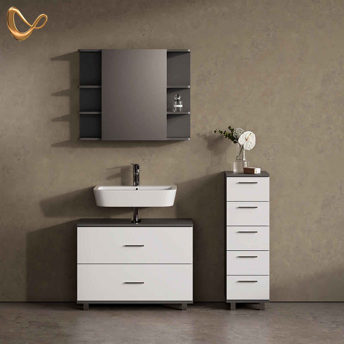 BADMÖBEL-SET Eisak Weiß/Anthrazit 3 Teile, mit Unterschrank 80 cm - Anthrazit/Weiß, Holzwerkstoff (80/60/33cm) - Livinity®