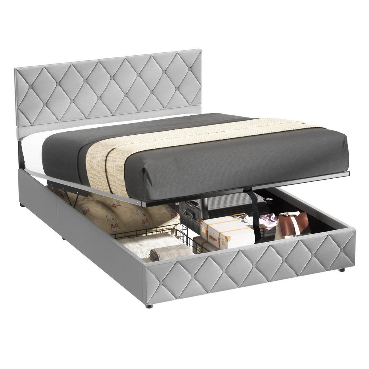 POLSTERBETT 160/200 cm Grau mit hydraulischem Stauraum aus Samt - Grau, Holzwerkstoff (160/200cm) - OKWISH
