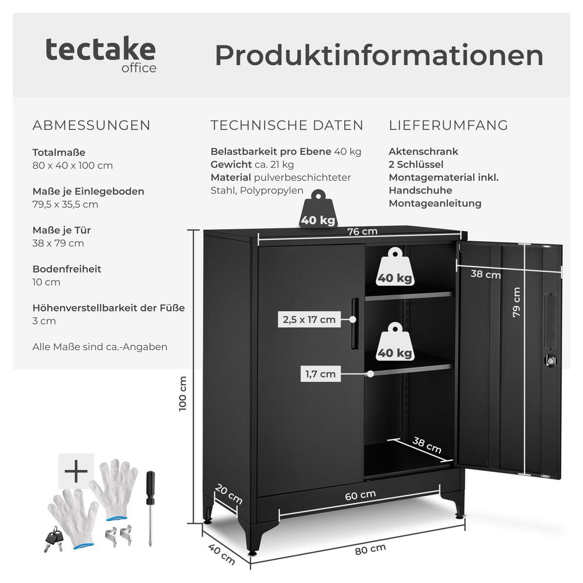 AKTENSCHRANK Blake, Kippschutz, höhenverstellbare Füße, schwarz - Schwarz, Metall (80/100/40cm) - tectake