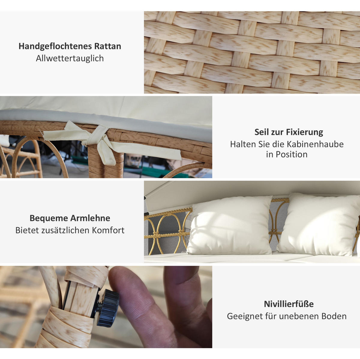 GARTENLOUNGE 178/85/66,5 cm cremeweiß aus Rattan mit Sonnendach - Weiß, Naturmaterialen - OKWISH