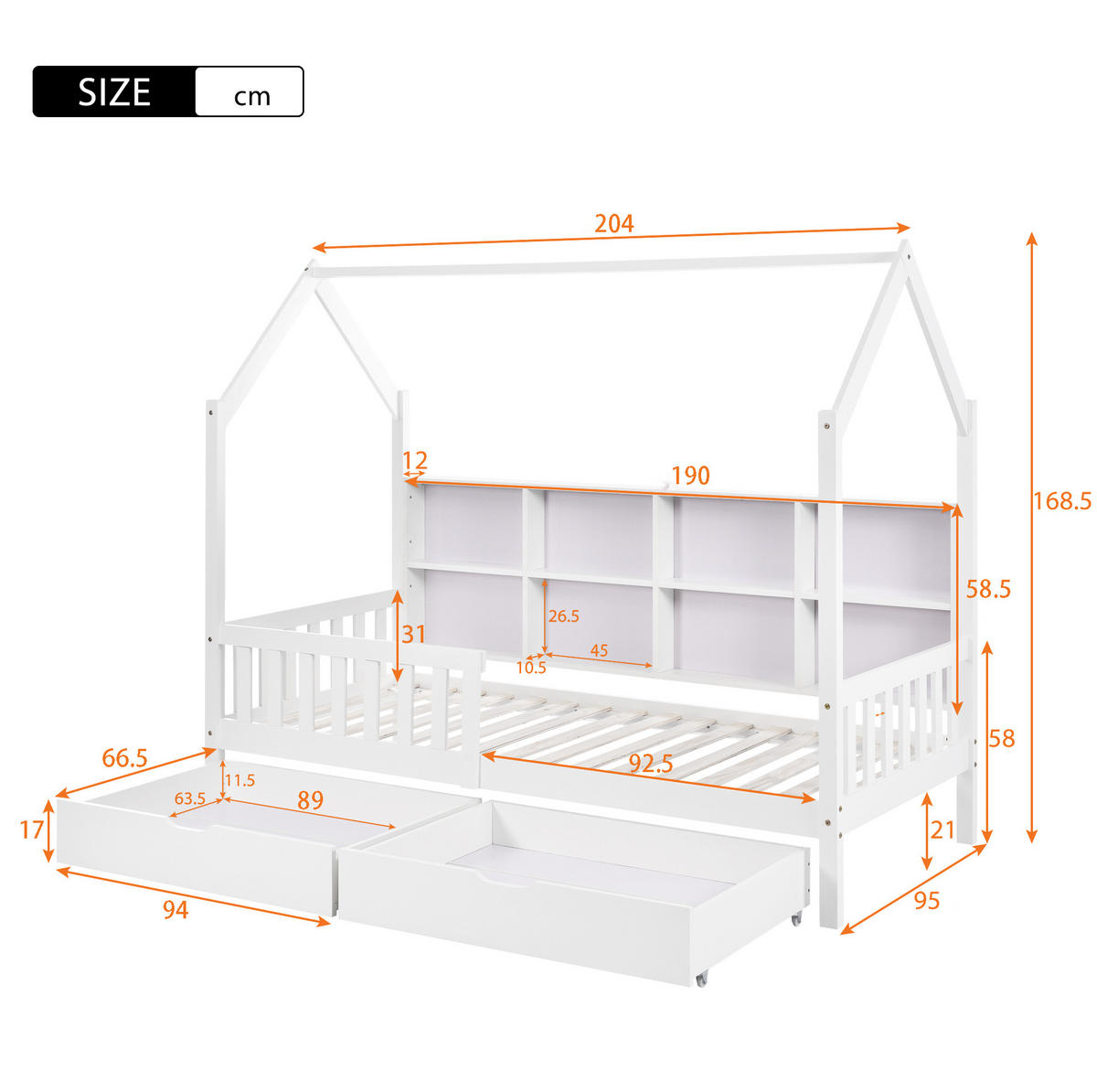 KINDERBETT Hausbett 90/200 cm aus Kiefer massiv mit Bücherregal, 2 Schubladen und Rausfallschutz, Weiß - Weiß, Holz (90/200cm) - Redom