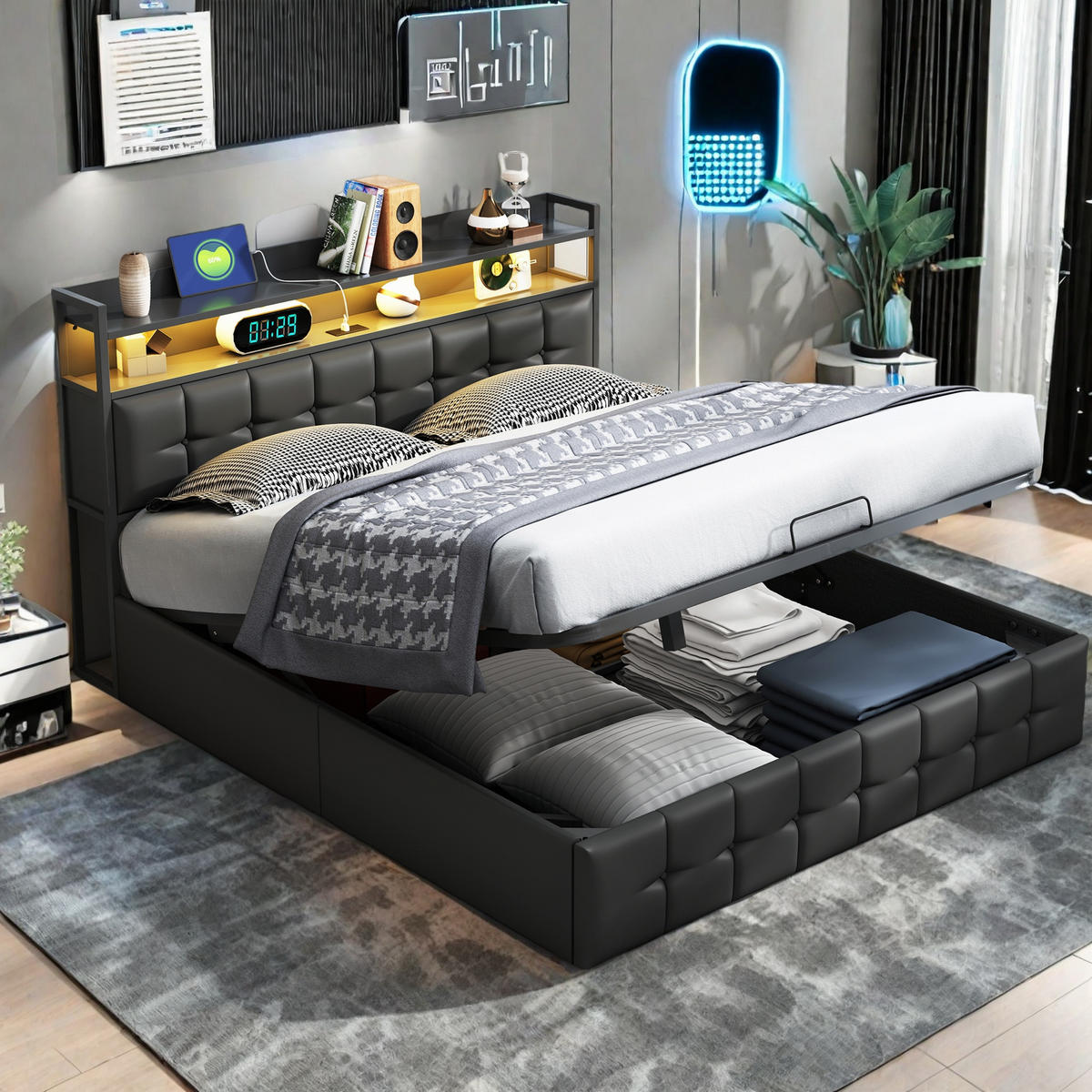 POLSTERBETT 140x190 cm LED Kopfteil Lattenrost PU Leder schwarz - Schwarz, Holz (140/190cm) - LEBENLANG