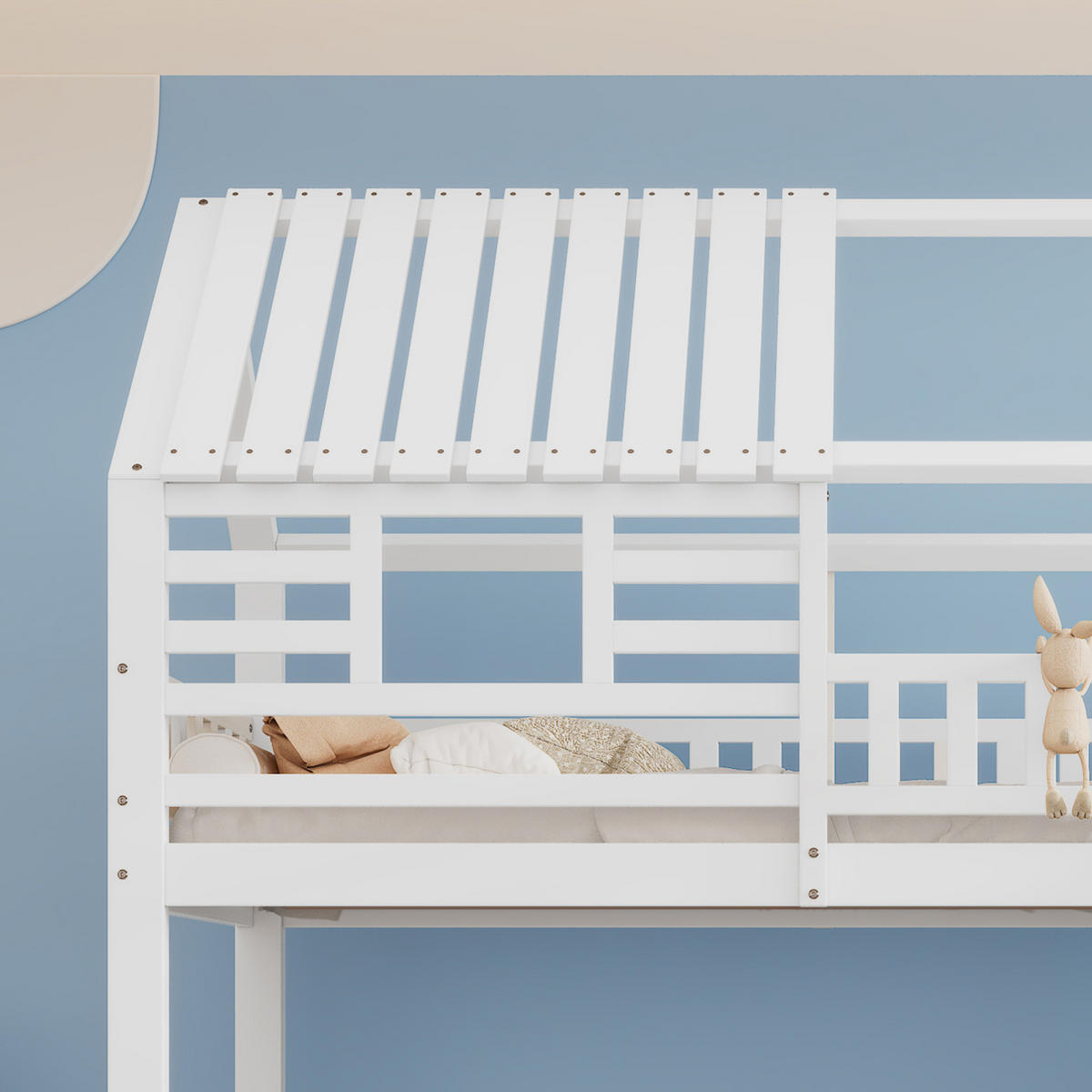 HAUSBETT 90/200 cm mit Treppe und Rutsche in Hausoptik Weiß - Weiß, Holzwerkstoff (90/200cm) - BEAOK
