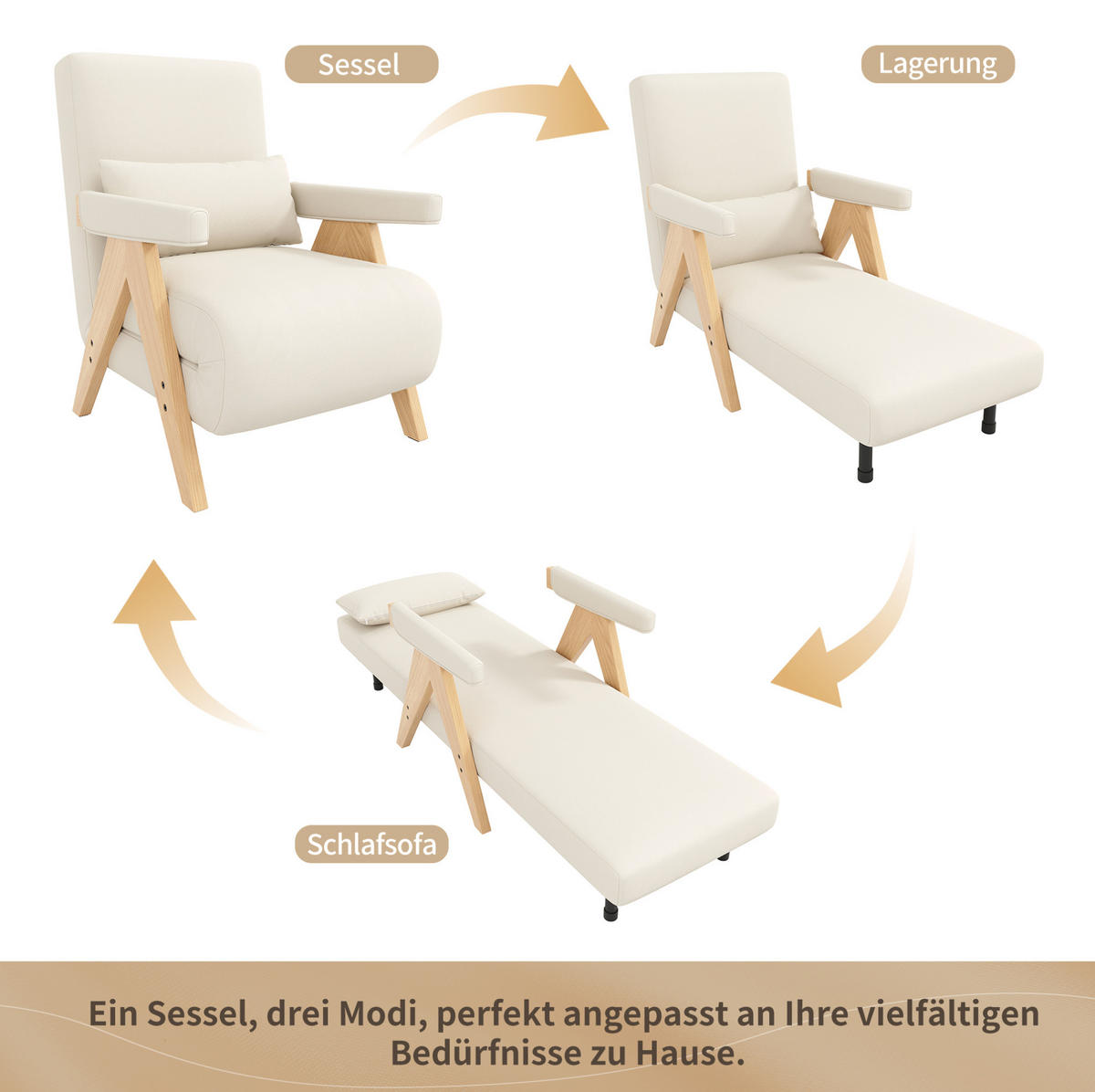 SCHLAFSESSEL aus Leinenstoff 87x64x60 cm Beige mit 3-in-1-Funktion, 6-fach verstellbarer Rückenlehne und Kissen - Beige, Textil (64/87/60cm) - Modfu
