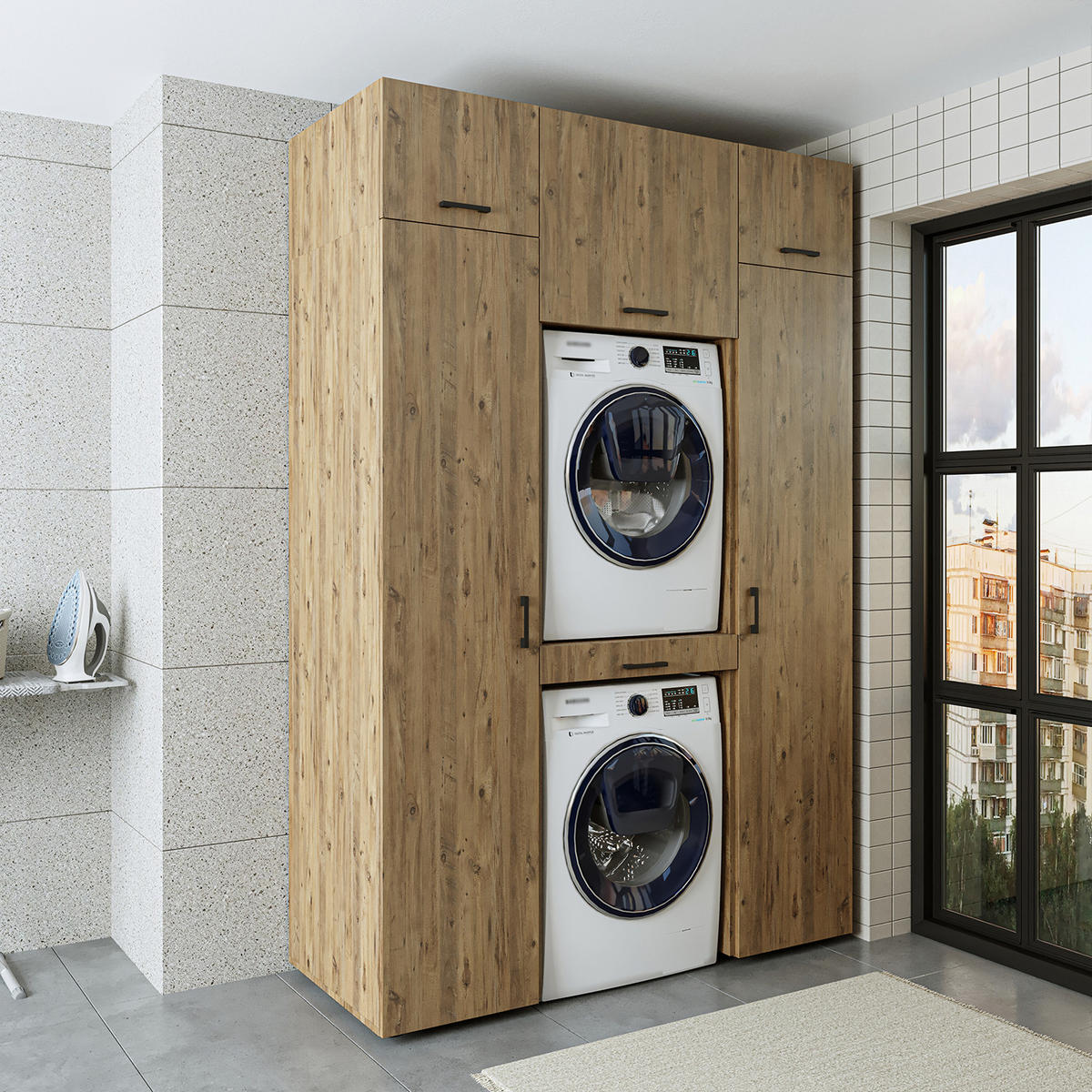 WASCHMASCHINENSCHRANK DUO-I 157cm Breit, 240cm Hoch - Eichefarben, Holzwerkstoff (157/240/67cm)