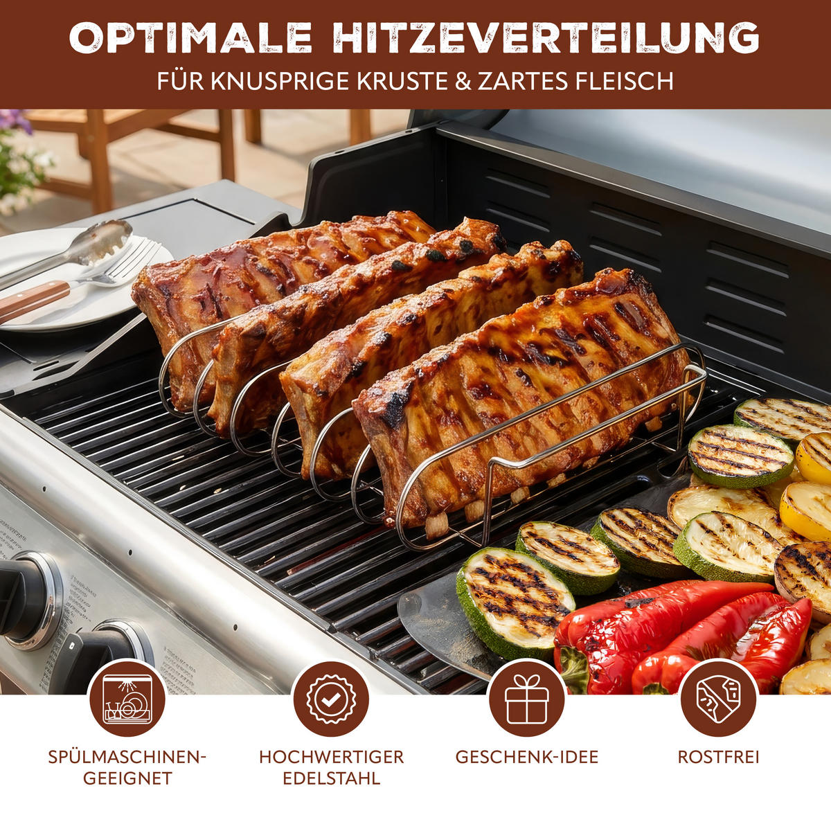 SPARE-RIBS-HALTER, aus Edelstahl mit Tragegriffen - Edelstahlfarben, Metall (37/7/29cm) - eluno
