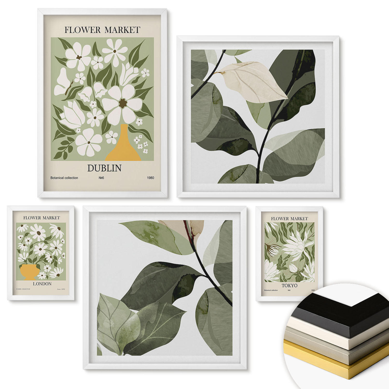 WANDBILDER 5er-Set - 50x50 cm & 20x30 cm & 40x60 cm Weißer Rahmen - Blumenmuster London Dublin - Weiß, Kunststoff (40/60cm) - ArtPrintCave