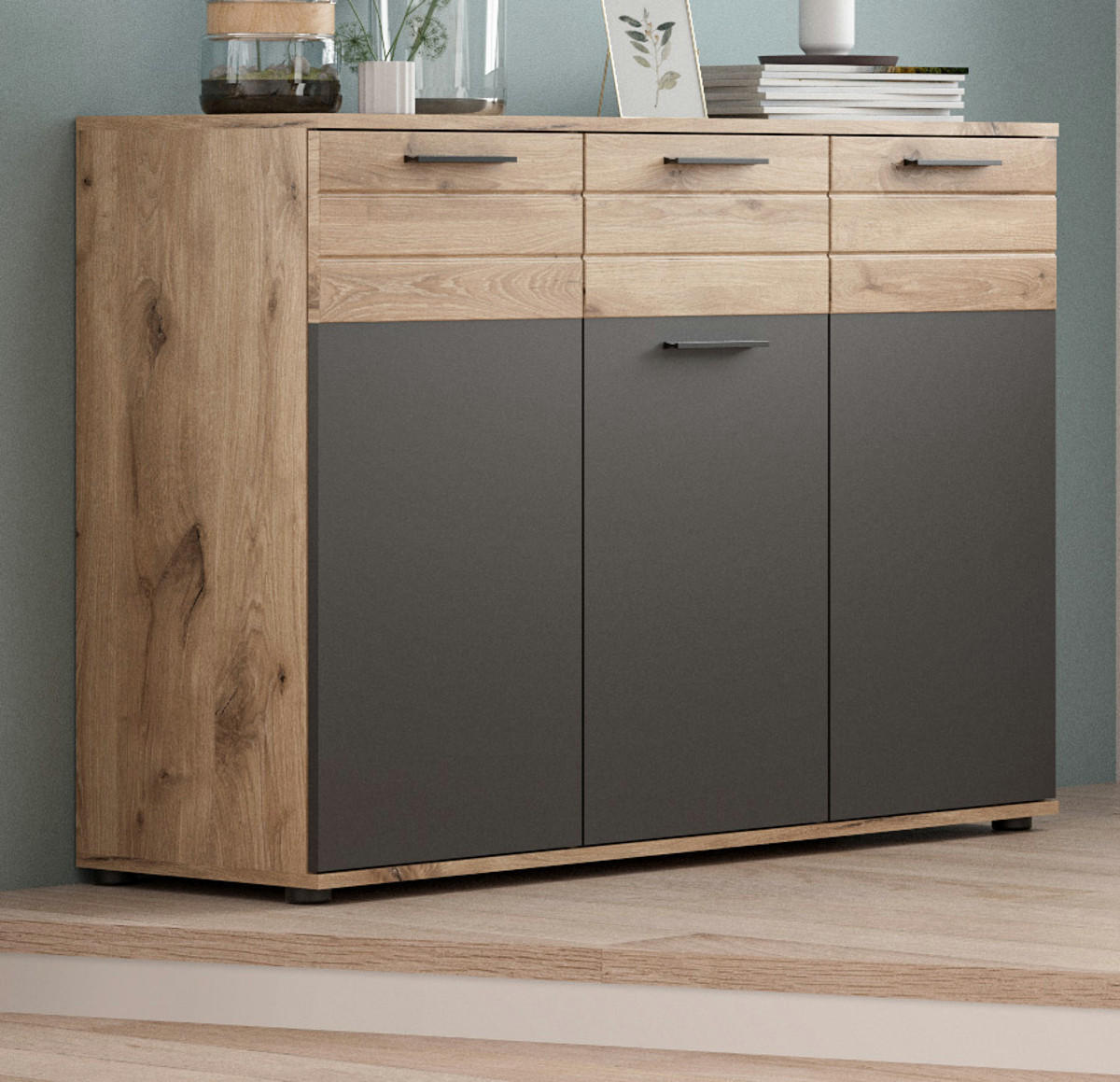 KOMMODE Eiche, grau 120 cm, Sideboard mit Soft-Close, Wohn- und Esszimmermöbel - Eichefarben/Schwarz, Holzwerkstoff/Kunststoff (120/87/40cm) - Inn.Furn