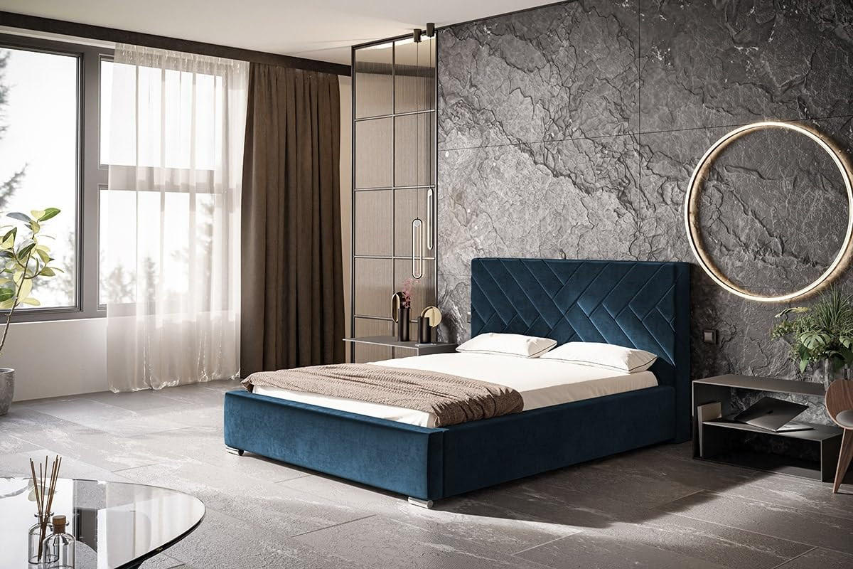 POLSTERBETT Monaco mit Kopfteil, 160x200 cm, Doppelbett mit Bettkasten und Lattenrost aus Holz, Velourstoff Dunkelblau - Dunkelblau, Holz/Textil (160/200cm) - Alpi-Möbel