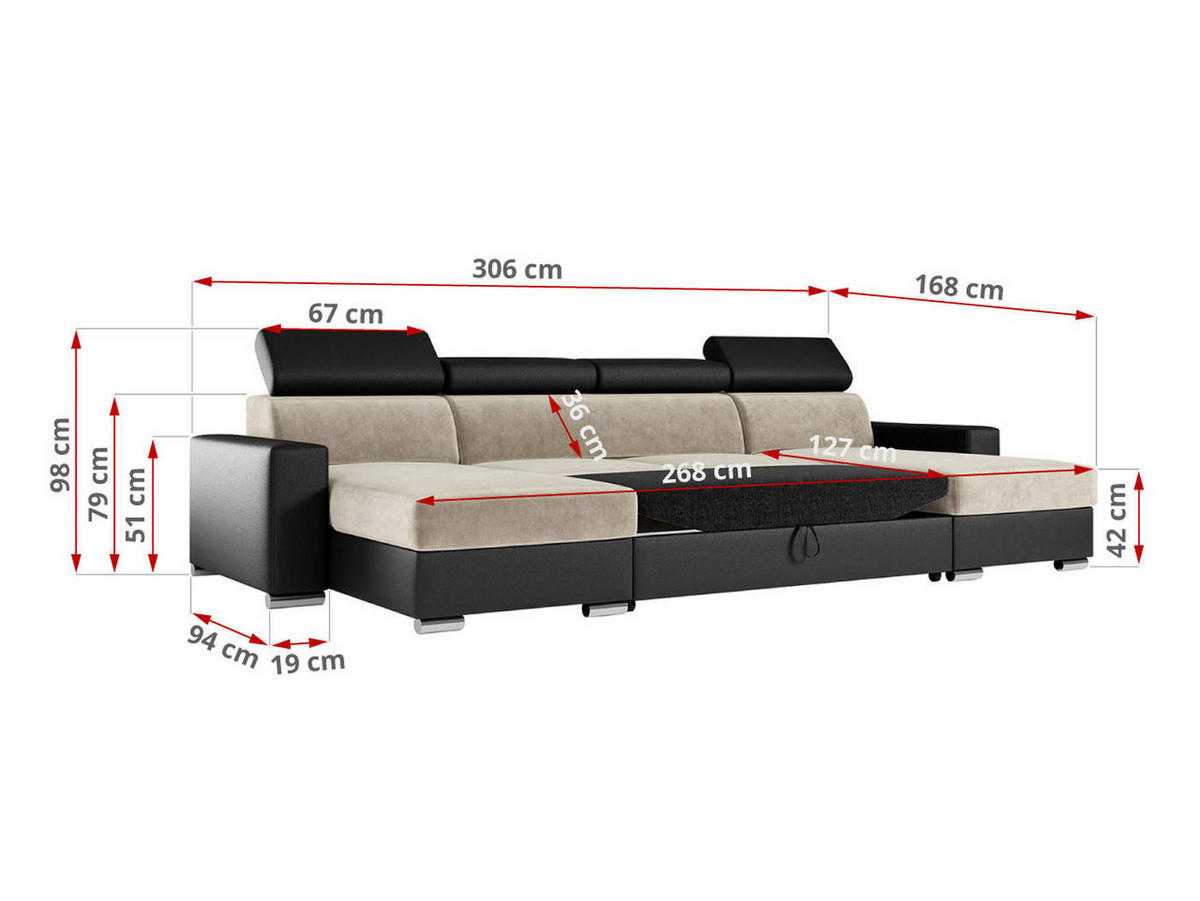 WOHNLANDSCHAFT FOX U Beige/Schwarz - Velvet/Kunstleder - Beige/Silberfarben, Kunststoff/Textil (306/98/168cm) - MKS