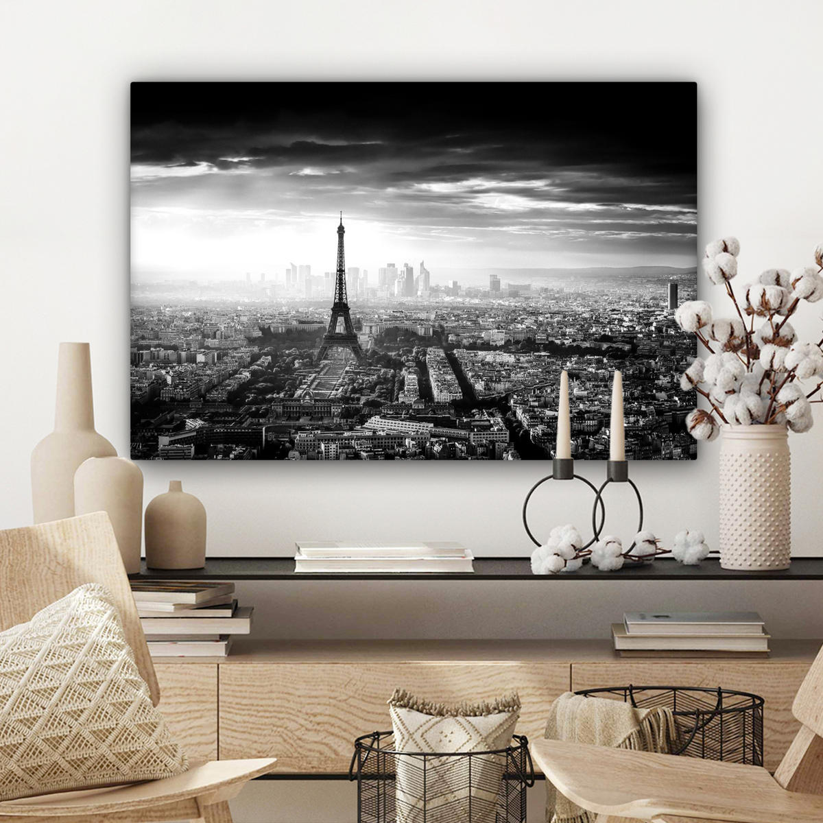 OBRAZ NA PLÁTNĚ Paříž - panorama - Eiffelova věž - město - mraky 90x60 cm - tmavě šedá, textil (90/60cm) - MuchoWow