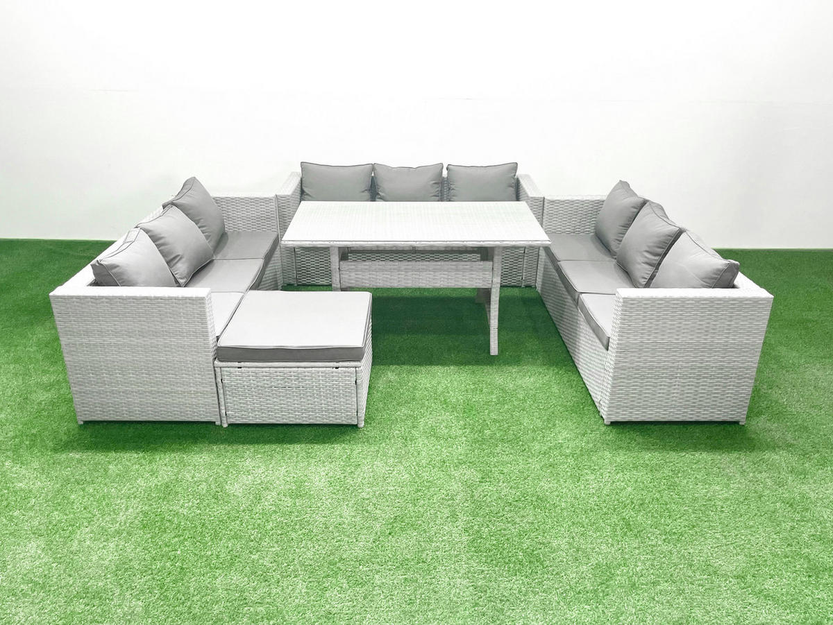 GARTENSET mit Esstisch,Sofa,Großer Fußhocker Polyrattan Hellgrau 10-Sitzer - Hellgrau/Grau, Glas/Kunststoff - Fimous