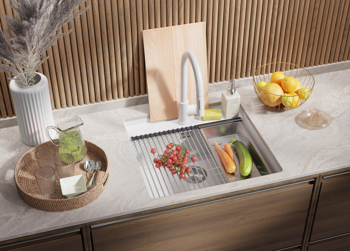 UNTERBAUSPÜLE GRANIT Bergen, 2-er set Weiß 56/53 cm 1 Becken + Küchenarmatur 40/20 cm + Ablauf-Set + Schneidebrett ab 60er Unterschrank - Chromfarben/Beige, Kunststoff (56/20/53cm) - Primagran