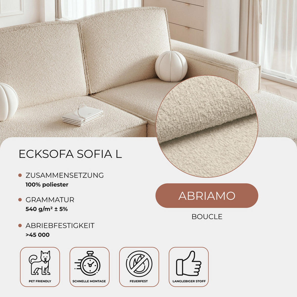 ECKSOFA SOFIA Bouclé-Stoff in Creme - Creme, Holzwerkstoff/Kunststoff (210/157cm) - Idohome