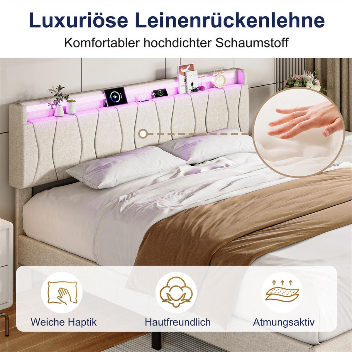 POLSTERBETT 160x200 cm mit LED-Beleuchtung - Kopfteil mit Ladefunktion - Gepolstertes Kopfteil - Beige - Beige, Textil (160/200cm) - DELFA