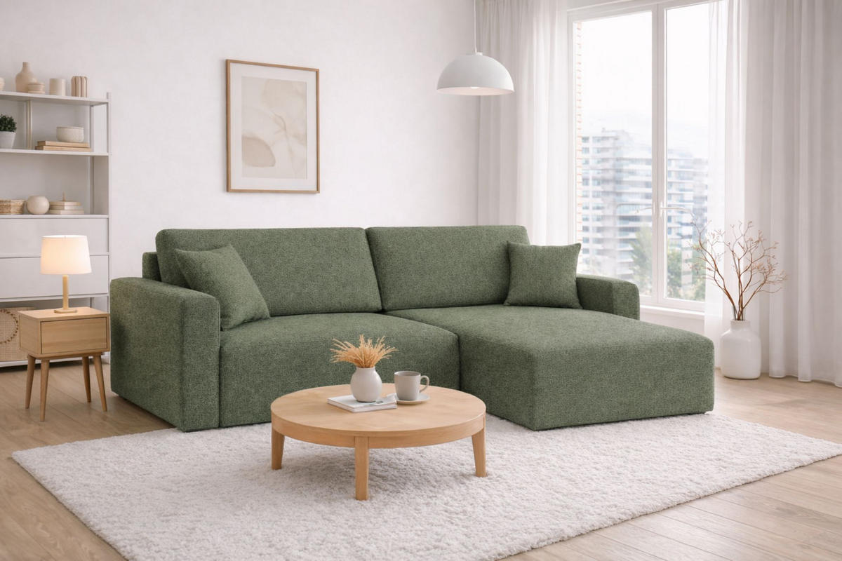 ECKSOFA Mit Schlaffunktion, Ariel XL, Chenille-Stoff, Stoff Artico, Moss, Rechts - Hellgrün, Holz (280/142cm) - Kaiser Möbel