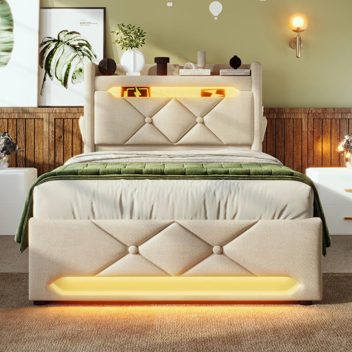 POLSTERBETT 90/200 cm beige Stauraum mit USB-Anschluss und LED-Beleuchtung - Beige, Textil (90/200cm) - OKWISH