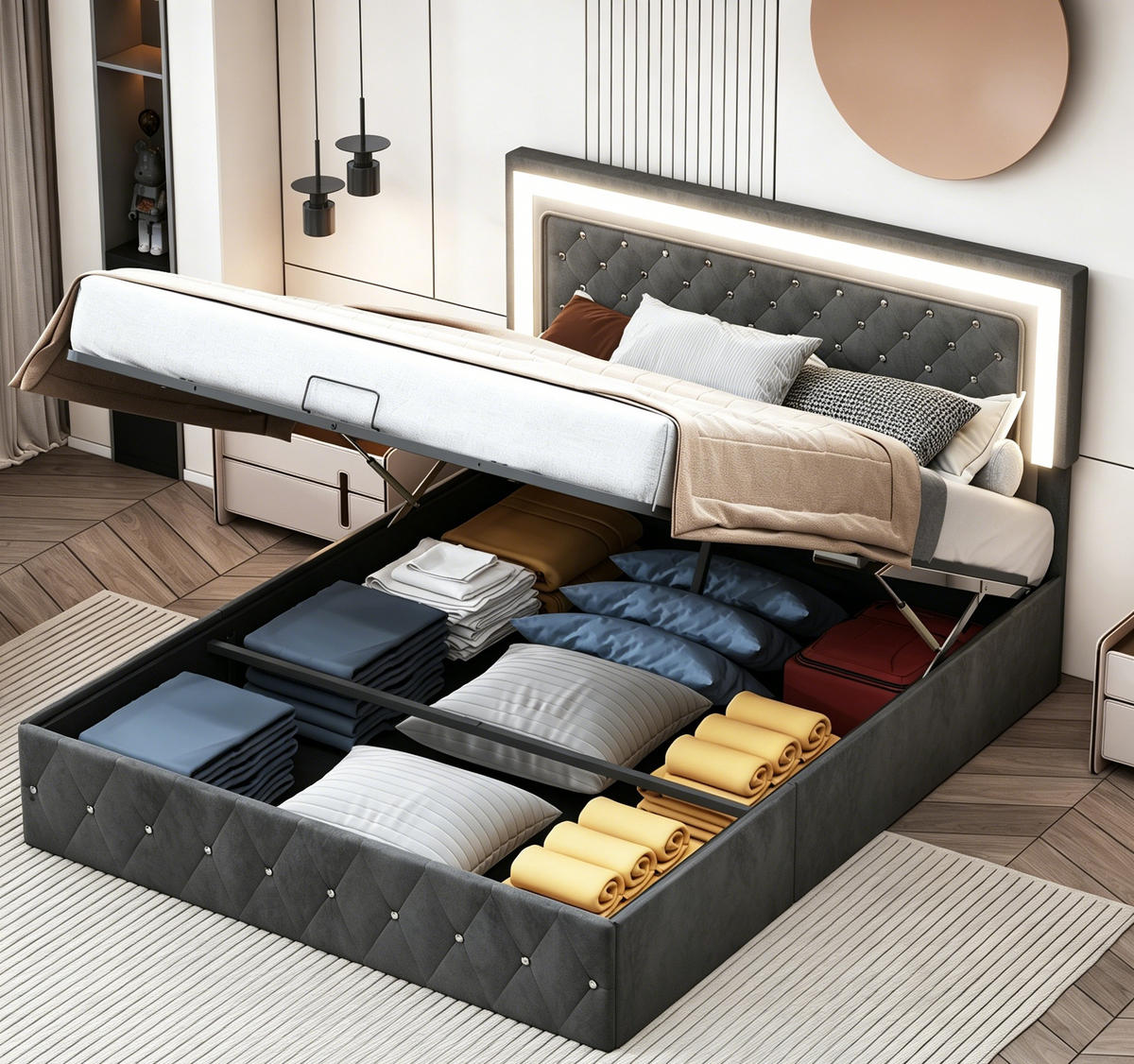 POLSTERBETT 160x200 cm mit höhenverstellbarem Kopfteil, Doppelbett mit Lattenrost - Schwarz/Naturfarben, Holz/Metall (140/200cm) - PARAFTA HOME