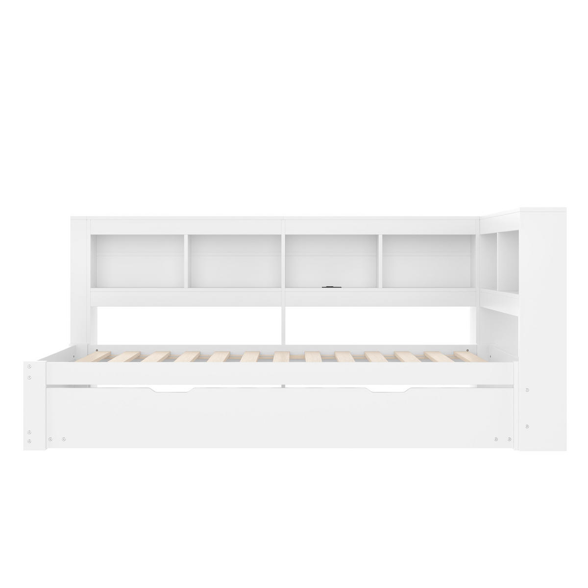 MULTIFUNKTIONSBETT 90/200 cm mit ausziehbarem Rollbett und 2 USB-Anschlüssen Weiß - Weiß, Holz - OKWISH