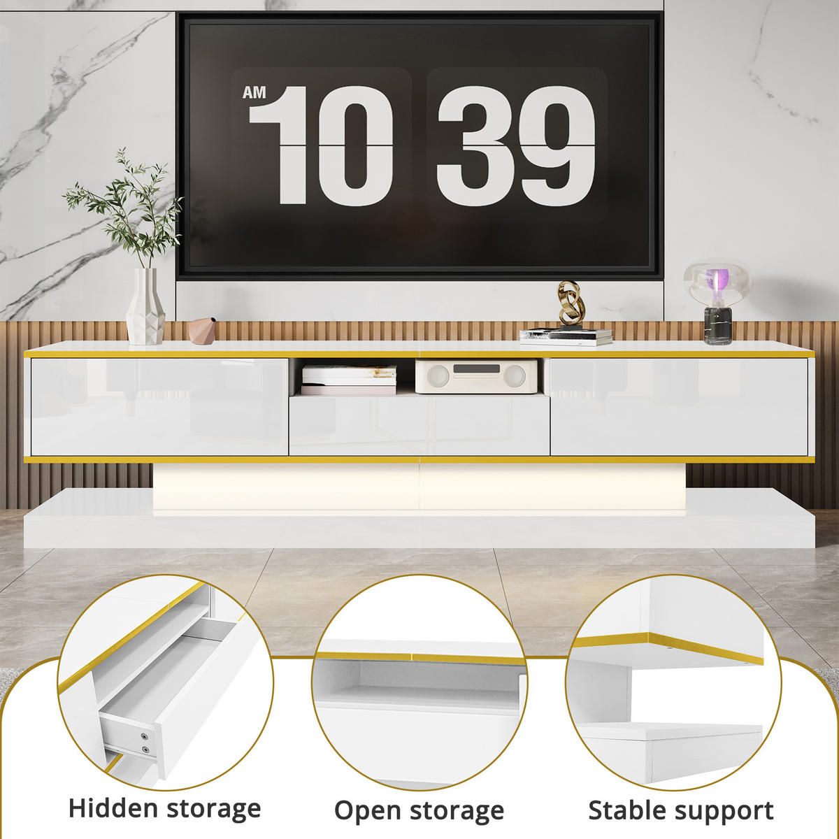 TV-ELEMENT180X38X45CM Weiß-Hochglanz mit LED-Beleuchtung und 3 Schubladen - Weiß, Holz (44.45/20.96/78.74cm) - Raelunyi
