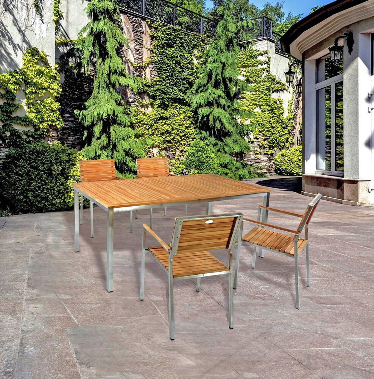 GARTEN-SITZGRUPPE Paul 5-teilig Tisch Hochlehner Braun Gartenmöbel-Set - Silberfarben, Holz - DELUKE