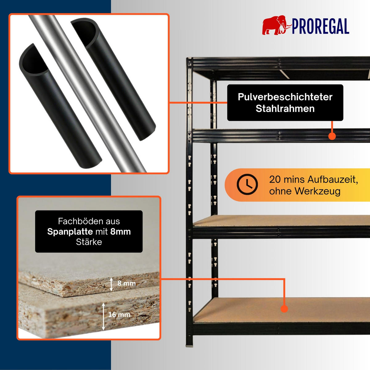 SCHWERLASTREGAL Rhino 180x240x60cm, 4 Spanplatten-Ebenen 8mm, Fachlast 450kg, Schwarz - Schwarz, Metall (240/180/60cm) - PROREGAL