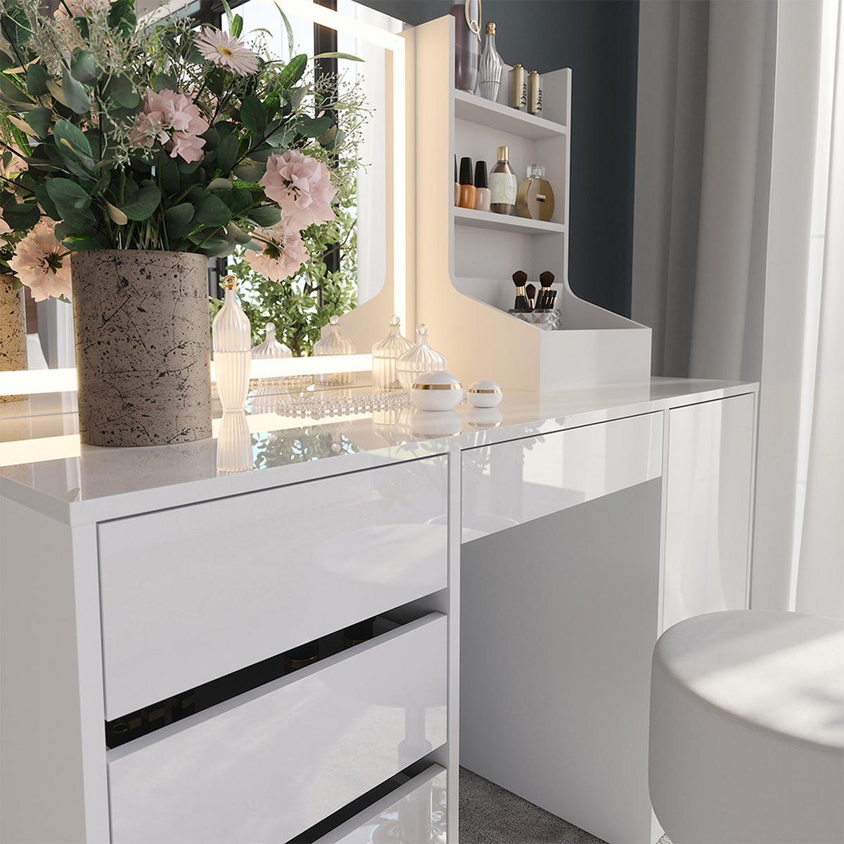 SCHMINKTISCH Sherry Weiß/Weiß Hochglanz 128.2 cm 4 Teile - Weiß Hochglanz, Holzwerkstoff (128.2/76/50.1cm) - Vicco