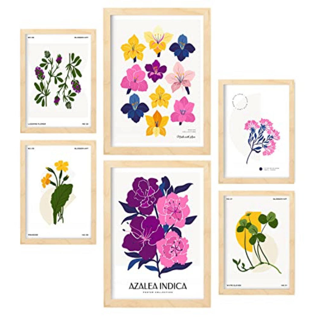POSTER Set Mit 6 Blumen Chromatische Skala Natur Und Botanikdrucke Für Innenarchitektur A3 & A4 Rahmen Aus Hellem Holz - Beige, Papier (29/3cm) - Nacnic