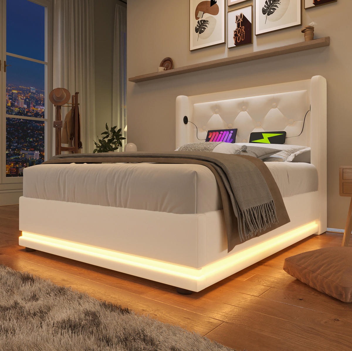 BETT mit Stauraum, USB & LED 90x200 cm PU Weiß - Weiß, Metall (90/200cm) - Meubliv