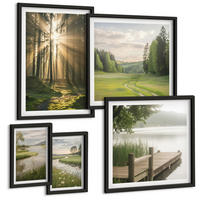 BILDER SET 5er Set - 50x50 cm & 20x30 cm & 40x60 cm Schwarzer Rahmen - Frühlingslandschaft Flusswiese - Schwarz, Kunststoff (40/60cm) - TULUP