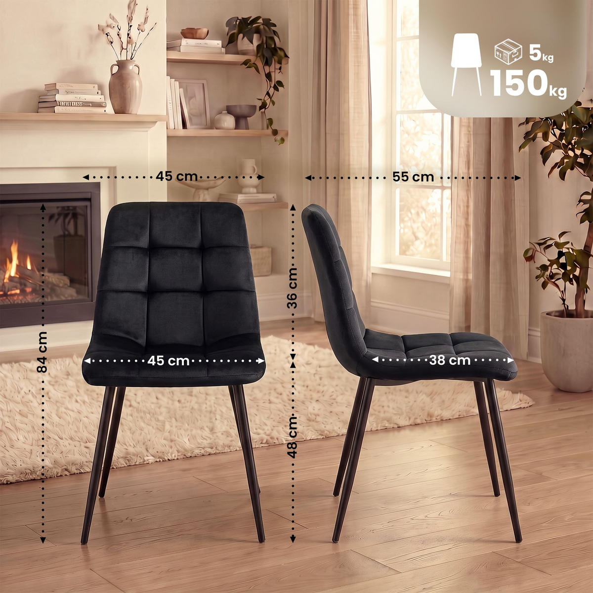 STUHL 4 Samt Schwarz - Schwarz, Textil/Metall (45/84/55cm) - CLP