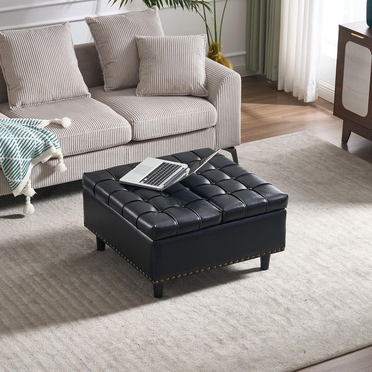 HOCKER Couchtisch,Aufbewahrungsstuhl,höhenverstellbar,PU-Leder,Schwarz - Schwarz, Metall (75/41/75cm) - LVHOM