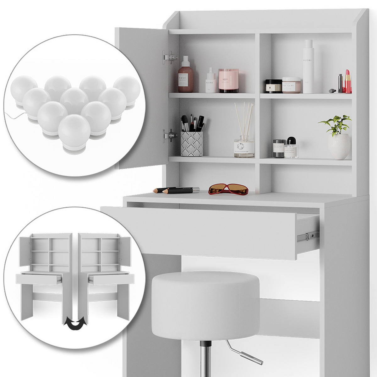 SCHMINKTISCH Laura Weiß 70 cm mit LED Beleuchtung und Hocker - Weiß, Holzwerkstoff (70/136/40cm) - Vicco